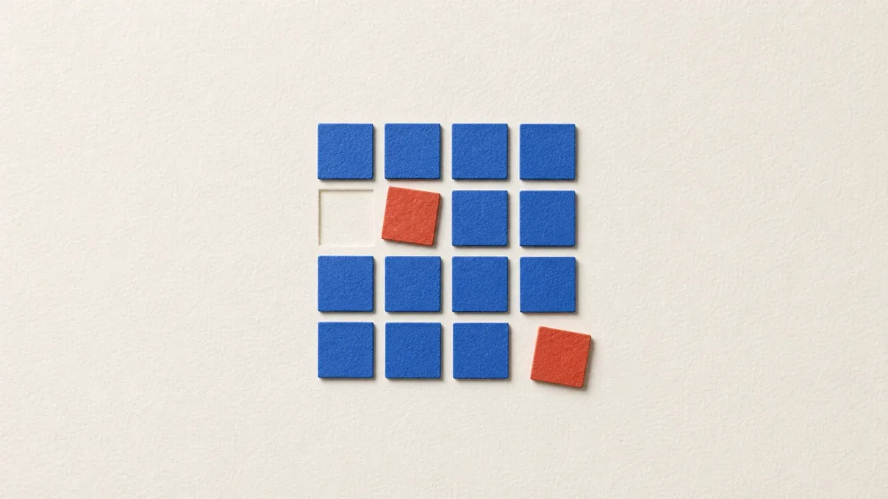 A paper data grid with a missing cell and two displaced orange cells