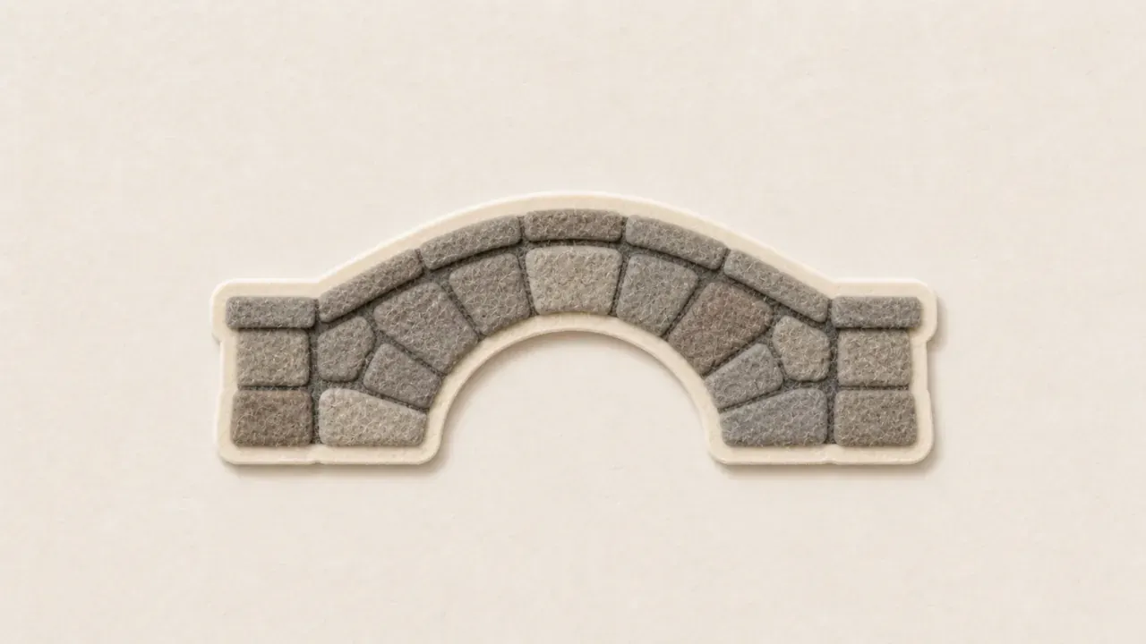 A simple gray felt stone bridge with one arch on a warm cream background