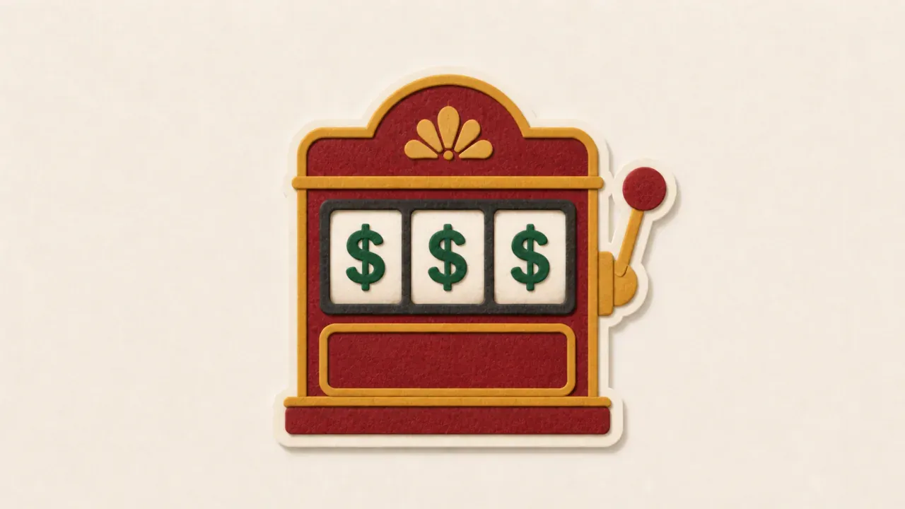 A red paper slot machine with three green dollar signs on its reels and a gold lever