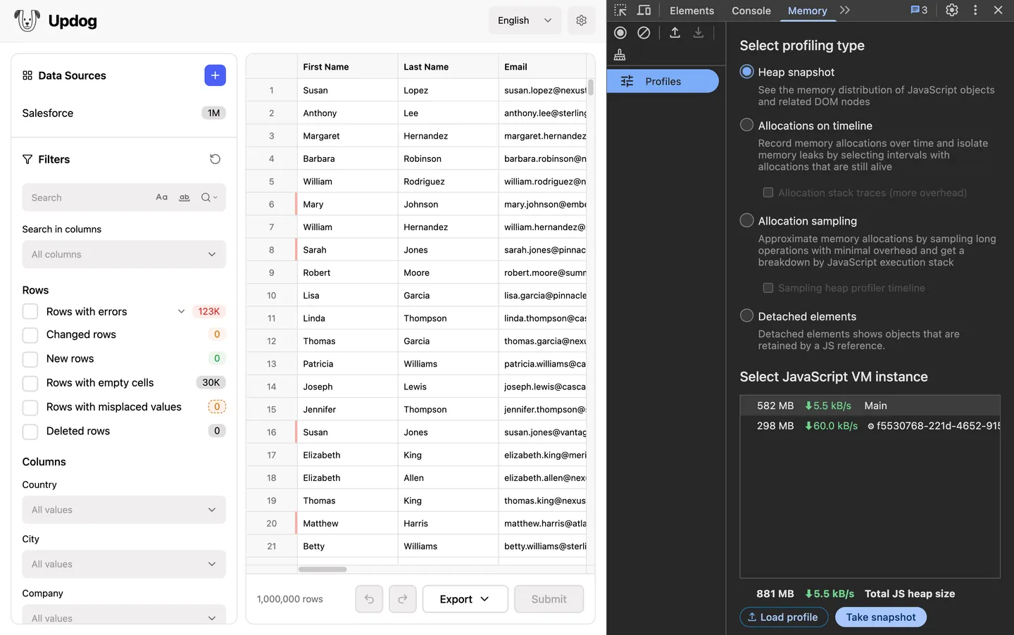 Chrome DevTools memory panel showing per-VM heap size on the main thread and in the filter worker after importing and filtering one million rows