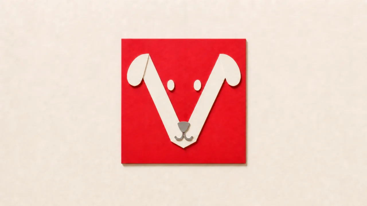 A red paper cutout of the Angular shield with a dog face on cream paper