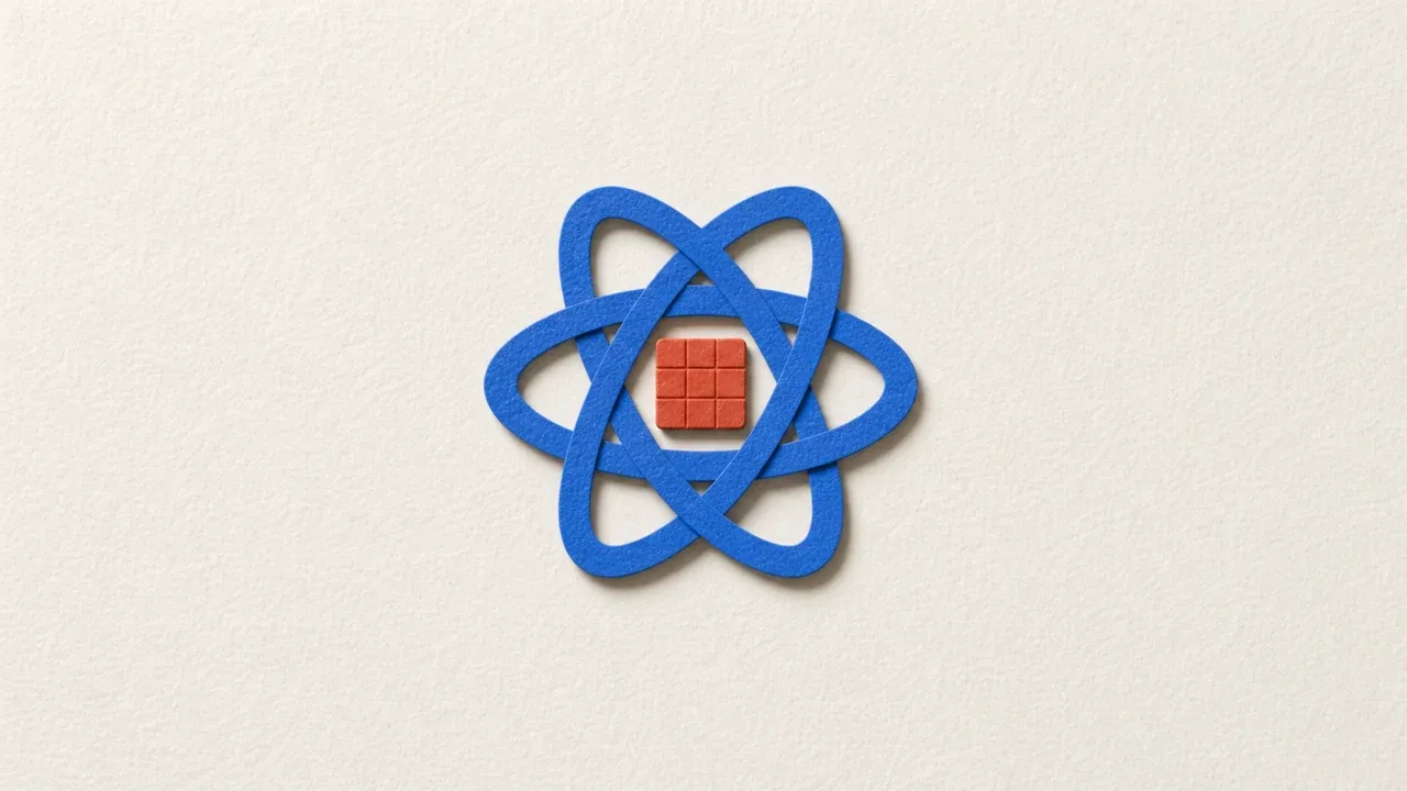 A blue paper React symbol with an orange grid at its center