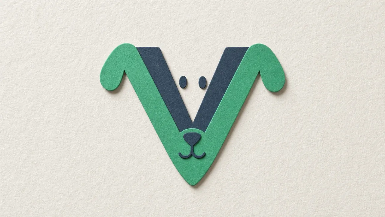 A paper cutout of the Vue logo beside a stack of paper spreadsheet rows