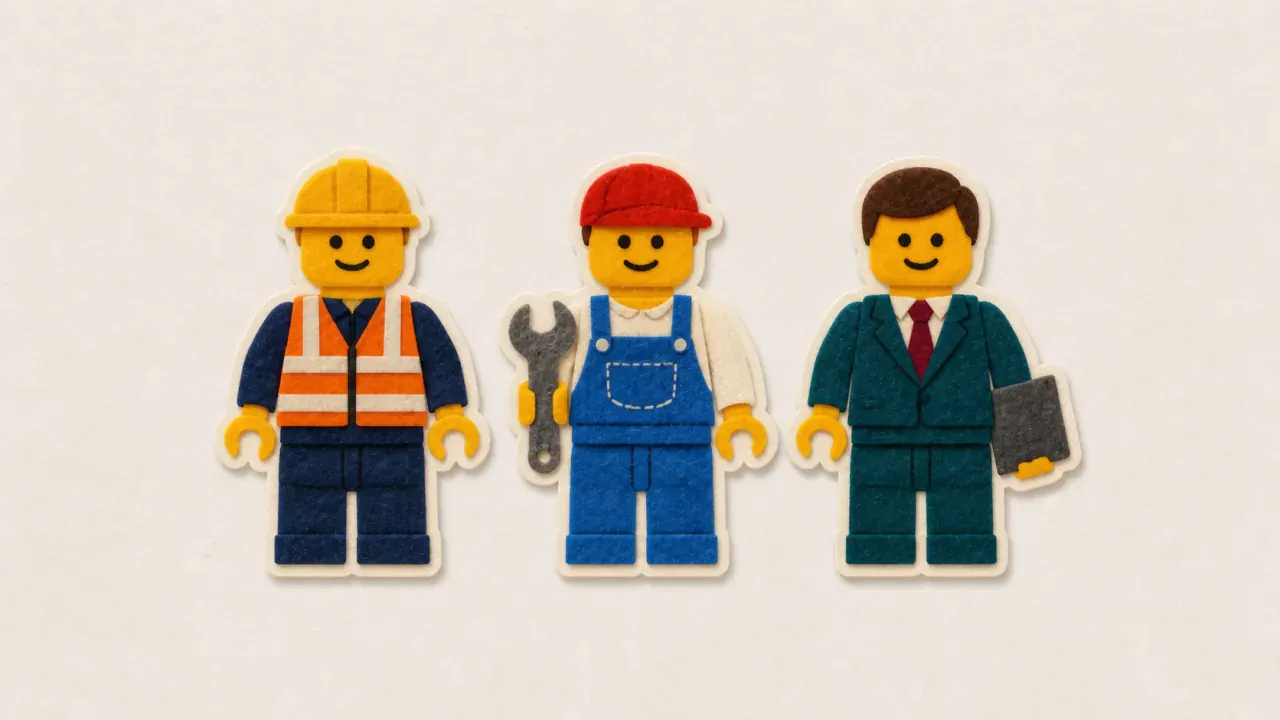 Three felt toy workers: a factory worker, a mechanic, and an office employee