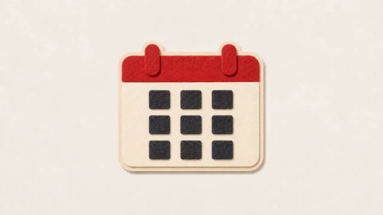 A red and cream felt calendar with a grid of dark date squares