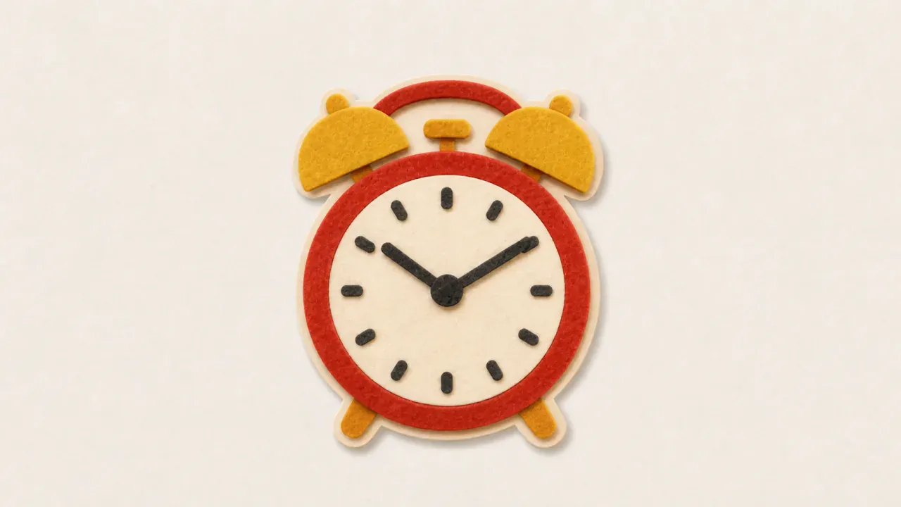 A red and yellow felt alarm clock on a cream background