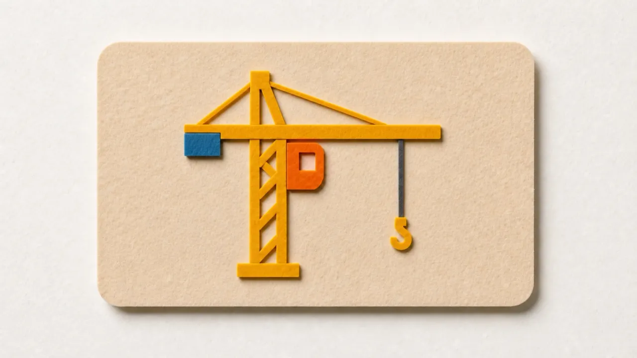 A yellow paper tower crane with a blue counterweight and a hook on a grey line, on a tan paper card