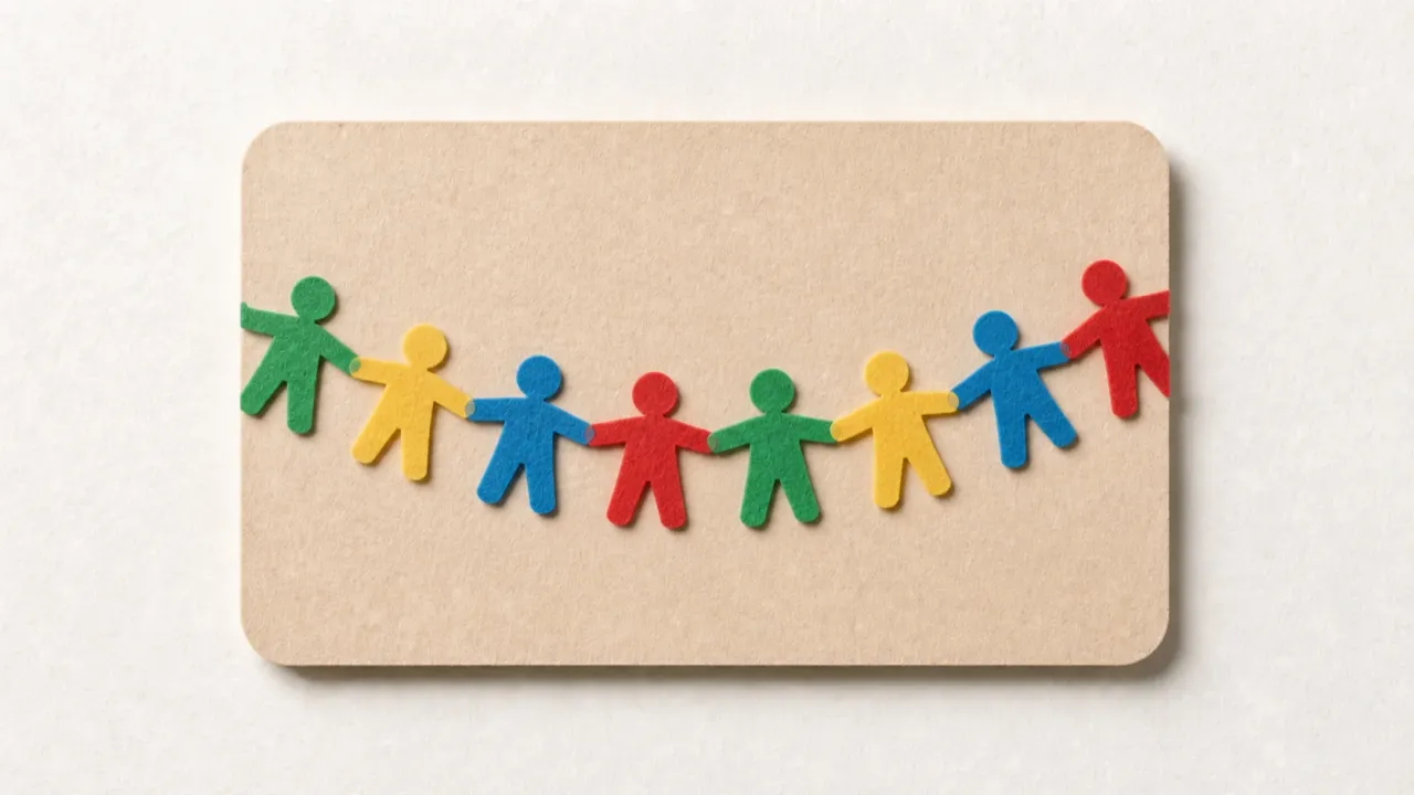 A paper chain of eight cut-out figures holding hands in green, yellow, blue and red, dipping toward the middle of a tan paper card