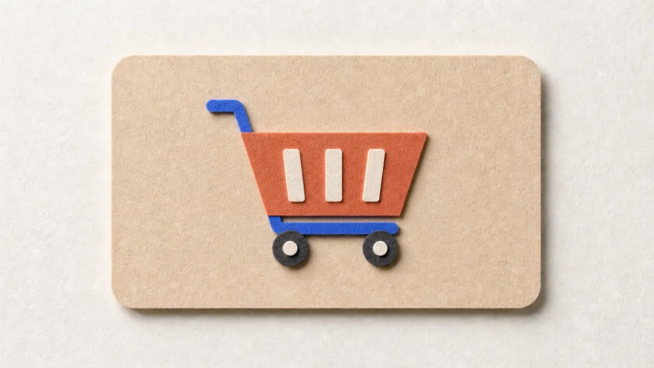 A paper cut-out shopping trolley with a terracotta basket, a blue frame and two dark wheels, on a tan paper card