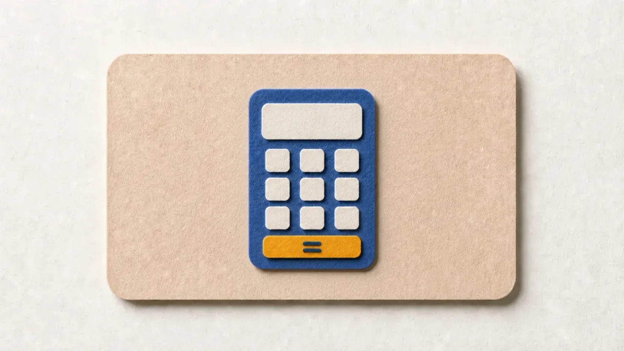 A dark green paper calculator with a yellow equals key, on a tan paper card