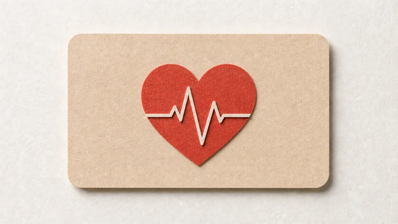 A red paper heart with a pale paper heartbeat line cut across it, on a tan paper card