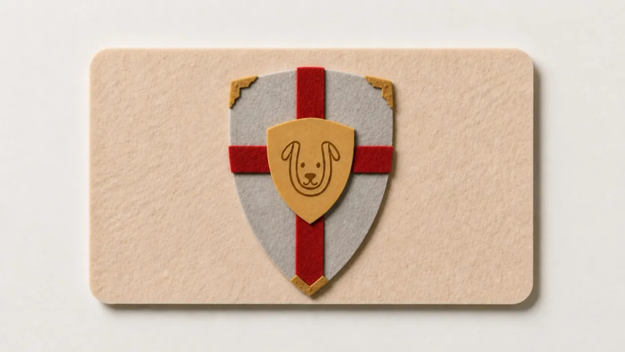 A grey paper shield with a red cross and gold corner brackets, carrying a small gold paper shield with a dog's face on it, on a tan paper card