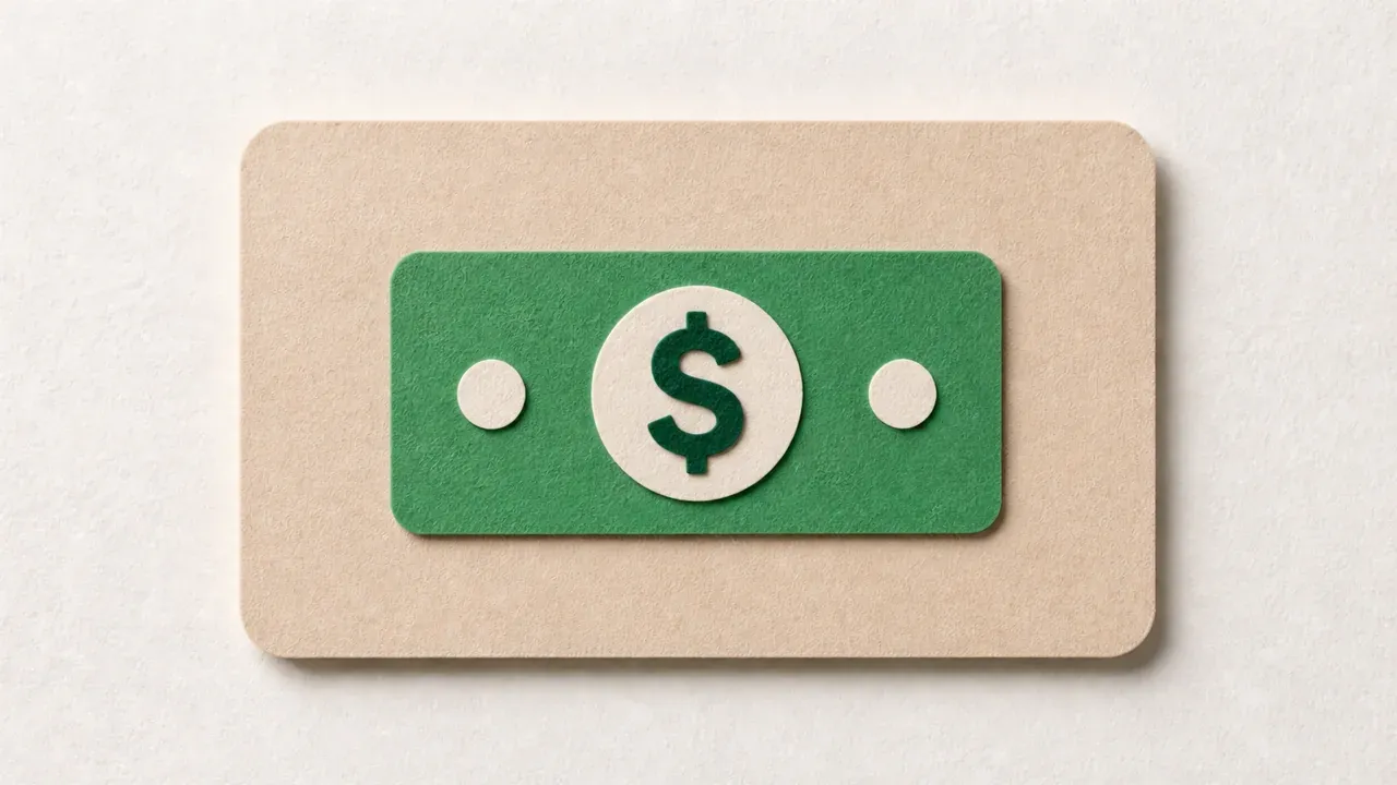 A green paper banknote with a dark dollar sign in a pale paper circle, on a tan paper card