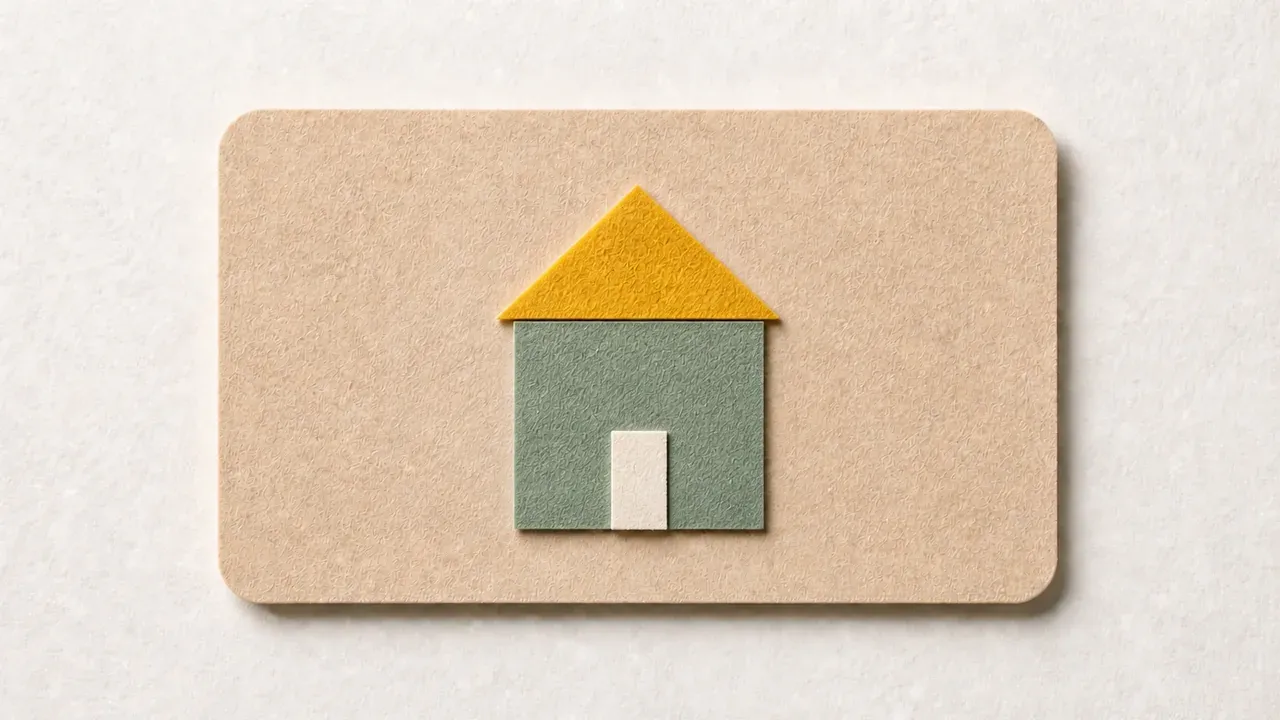 A paper cut-out house with a yellow roof and a sage green body, on a tan paper card