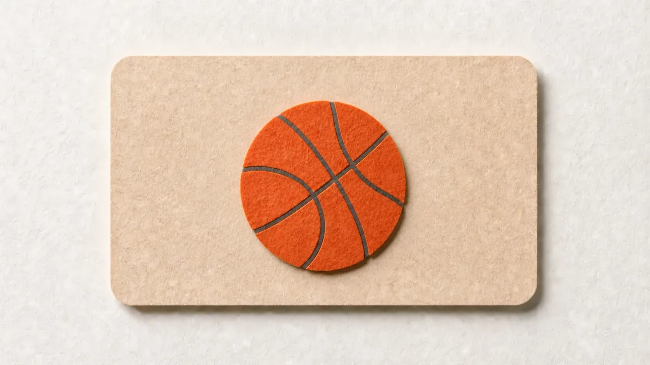 An orange paper basketball with grey seams, on a tan paper card