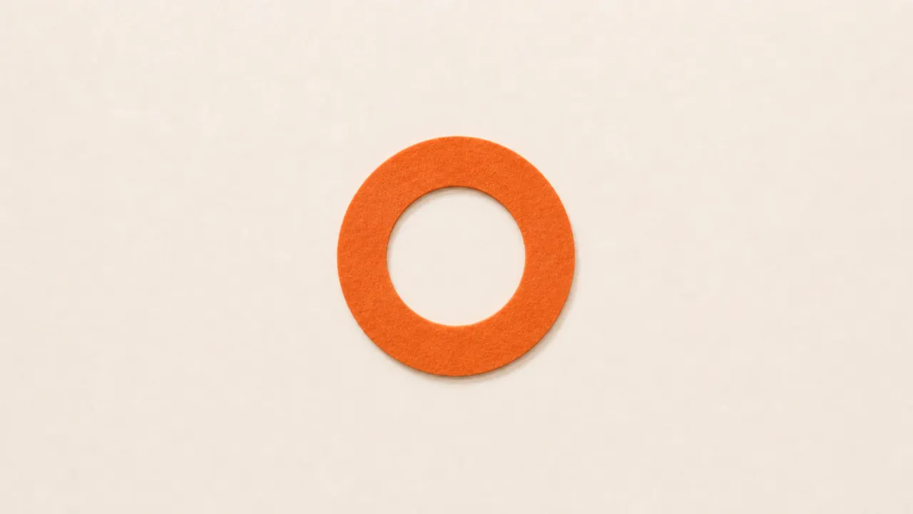 An orange paper HubSpot sprocket, a ring with three arms ending in dots, on a pale paper background