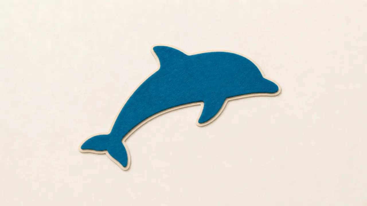 A teal paper dolphin cut as a single curved outline on a pale paper background
