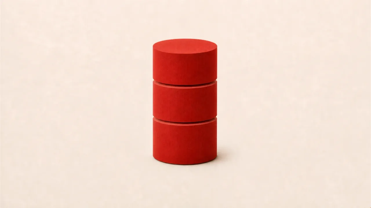 Three red paper discs stacked into a database cylinder on a pale paper background